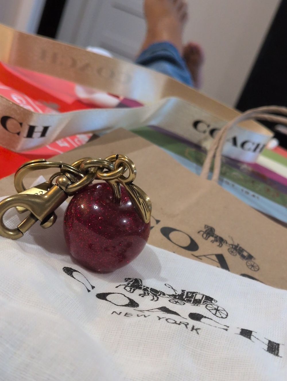 Coach Gold-Tone Red Glitter Apple Charm Key Fob